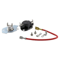 An aftermarket substitute for a Whirlpool 279816 Dryer Thermostat Kit. There is a black high-limit thermostat and a white plastic thermal fuse. There is a red jumper wire with 1/4" Sta-kon terminals.