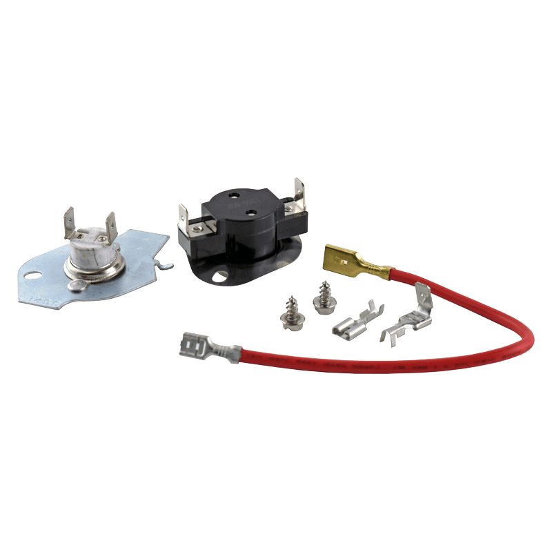 An aftermarket substitute for a Whirlpool 279816 Dryer Thermostat Kit. There is a black high-limit thermostat and a white plastic thermal fuse. There is a red jumper wire with 1/4" Sta-kon terminals.