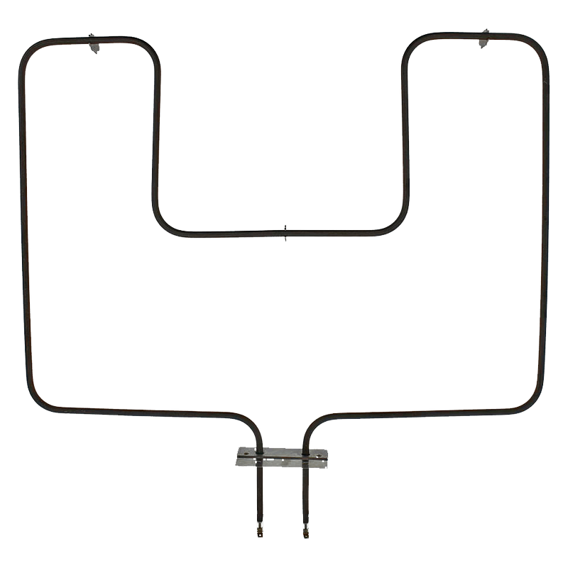 An aftermarket replacement for an OEM Frigidaire 318255006 bake element. It has steel terminals, a steel mounting plate near the terminals, and two steel supports at the far end of the element. The element is black and it is sort of 'U' shaped.