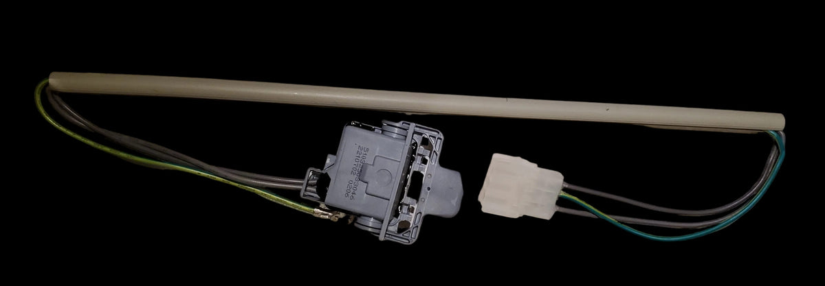 A photo of an aftermarket replacement part for an OEM Whirlpool 3949247v washer lid switch, the lid switch consists of wiring, grey plastic switch body, and white plastic connector, as well as a grey protective tube sheath over the wires. 
