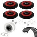 A set of four red plastic and metal bushing  cored dryer drum rollers with black rubber outer rings, a white plastic idler pulley with steel bushing core, and a 5 ribbed black rubber belt. These are the contents of an aftermarket substitute kit for the OEM Whirlpool 4392067 repair kit. 