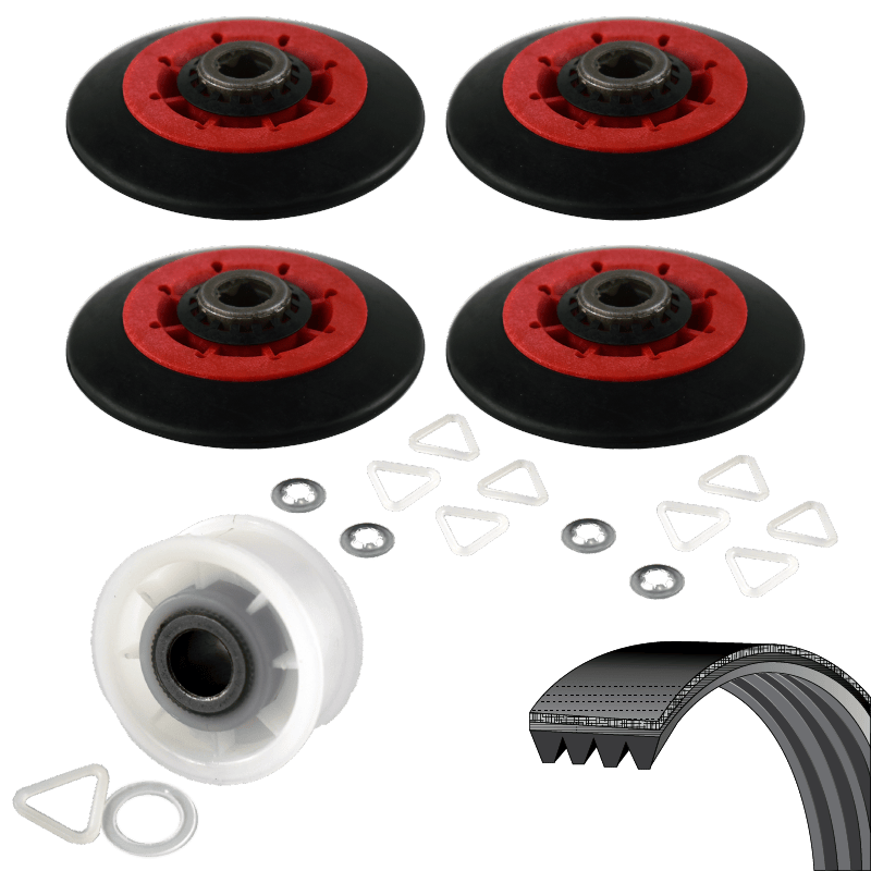 A set of four red plastic and metal bushing  cored dryer drum rollers with black rubber outer rings, a white plastic idler pulley with steel bushing core, and a 5 ribbed black rubber belt. These are the contents of an aftermarket substitute kit for the OEM Whirlpool 4392067 repair kit. 