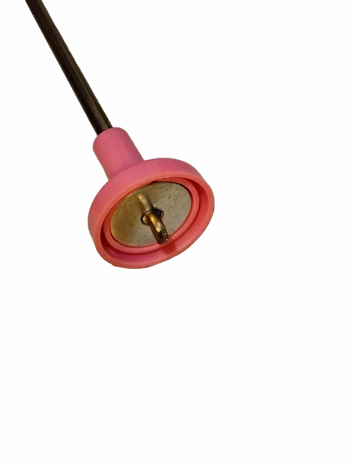 A close-up of a pink circular plug at the top end of an aftermarket replacement for a Samsung DC97-16350E suspension rod. It has a gold-toned center pin secured to the pink plug by means of a large steel flat washer.