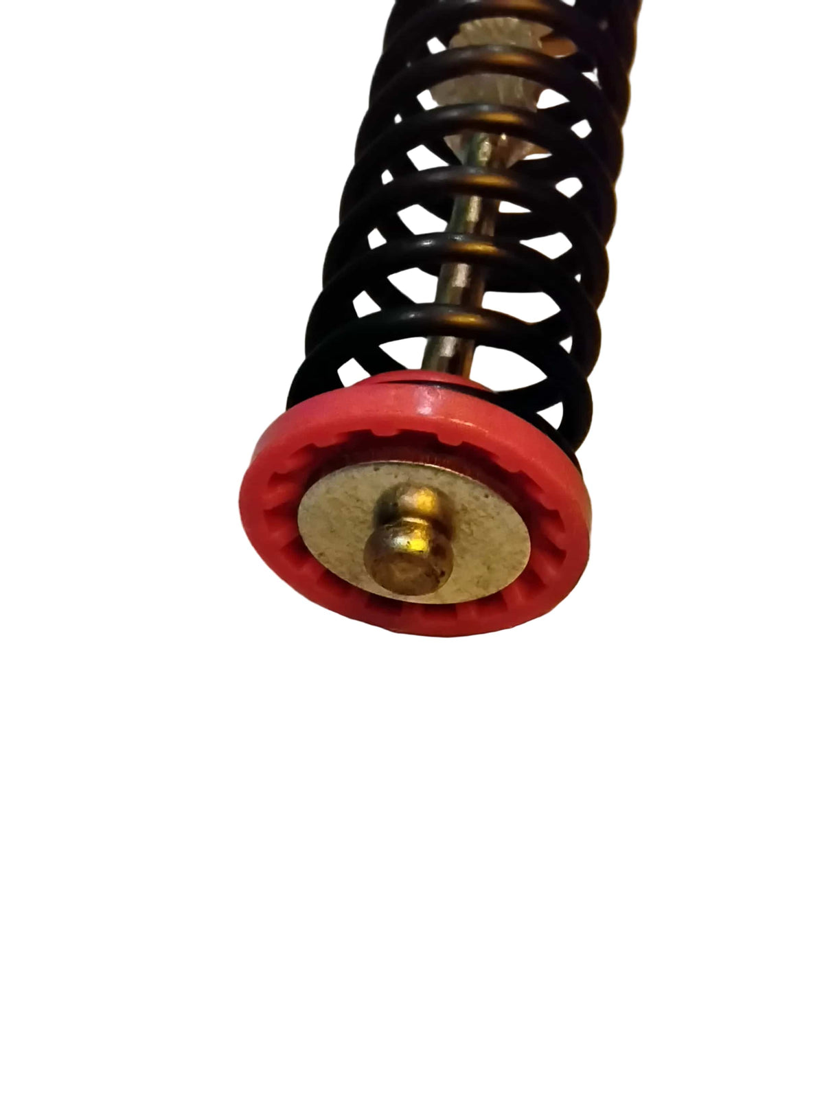 A view of the bottom end of an aftermarket replacement for a Samsung DC97-16350E suspension rod. The metal rod passes through the pink spring rest at the bottom where it has a larger ball-shaped end and is secured by a steel washer.