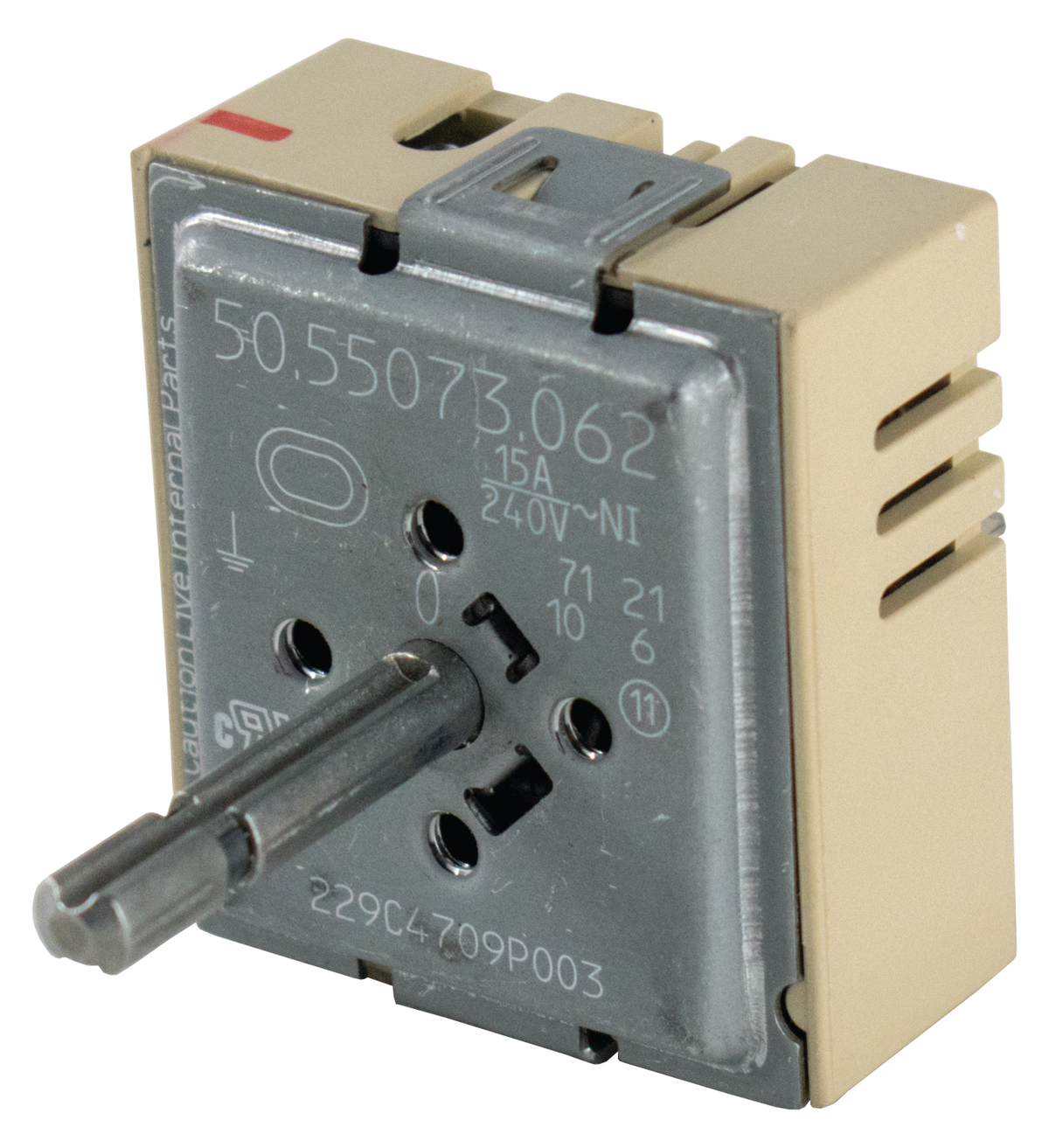 An aftermarket replacement for a Samsung DG44-01008A Range Surface Element Switch. It has a metal faceplate and shaft, with a beige square plastic body. 