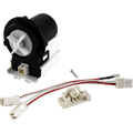 A black and white plastic aftermarket substitute for the Supco LPUNI Universal Drain Motor. It has a white impeller. There is a a screw, two wire harness adapter leads, and a mounting tab. 
