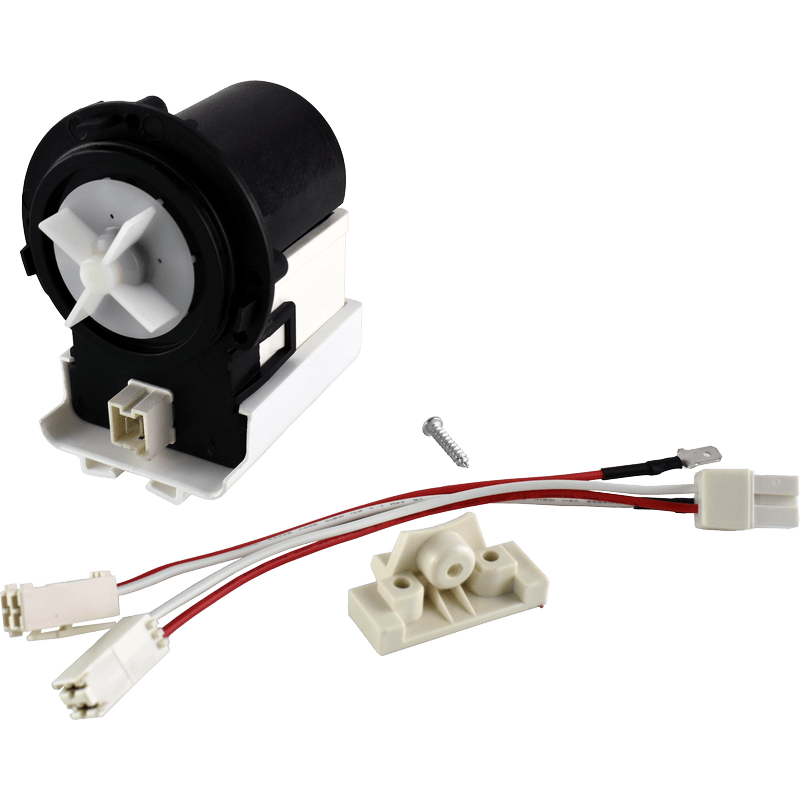 A black and white plastic aftermarket substitute for the Supco LPUNI Universal Drain Motor. It has a white impeller. There is a a screw, two wire harness adapter leads, and a mounting tab. 