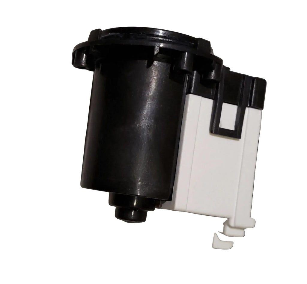 A black and white plastic aftermarket replacement for a 4681EA2001T LG Washer Drain motor viewed from the side.