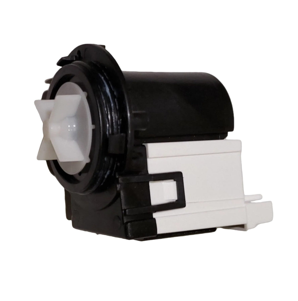 An aftermarket substitute for a LG washer 4681EA2001T drain motor with a black motor housing and a white terminal connection section. There is a white plastic impeller mounted to the front of pump. 