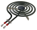 An image of a MP15YA 6" surface element with four turns, a black center cap, a 'Y' shaped mounting base, and two looped nickel plated terminals.