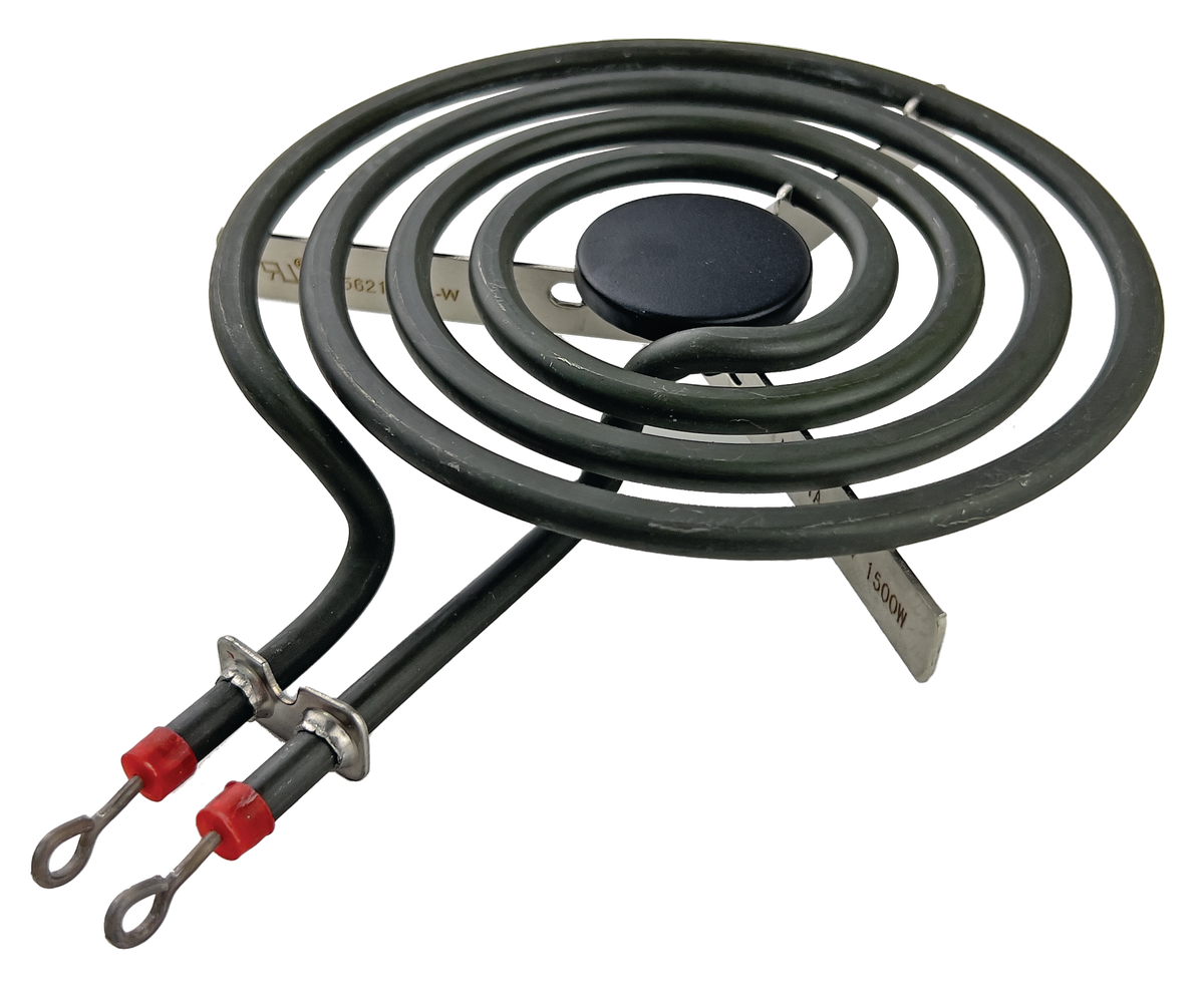 An image of a MP15YA 6" surface element with four turns, a black center cap, a 'Y' shaped mounting base, and two looped nickel plated terminals.