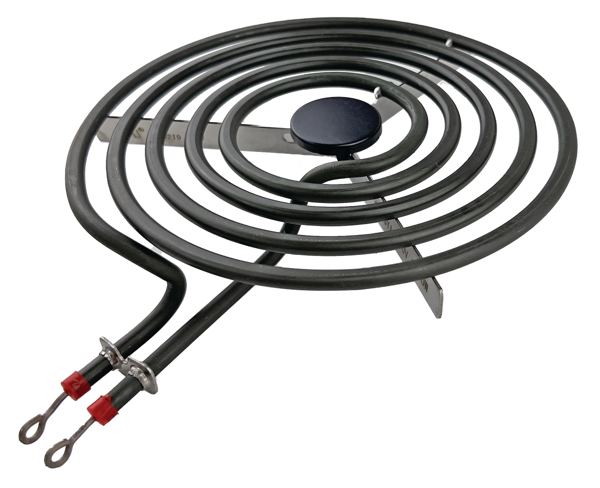 An image of a universal 8" plug-in cooktop element MP26YA. It has 5 coiled turns, looped nickel plated terminals, a black center cap, and a 'Y' shaped base. 