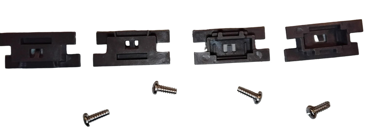 Four identical grey plastic dishrack wire support attachment parts in four different orientations so that both sides of the part is visible. There are also four shiny screws. From an aftermarket substitute for a Whirlpool W10712395 Upper Rack Adjuster Kit.