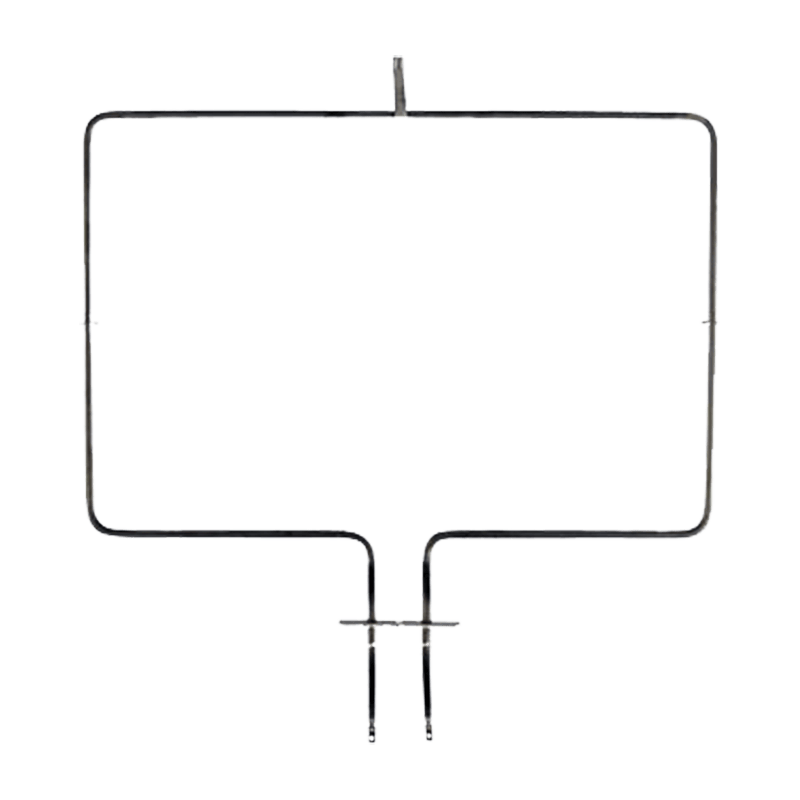A rectangular shaped aftermarket substitute for a Whirlpool W10779716 bake eement. The calrod eleent is black. There is a mounting tab at one end and a steel mounting plate at the lead end. 