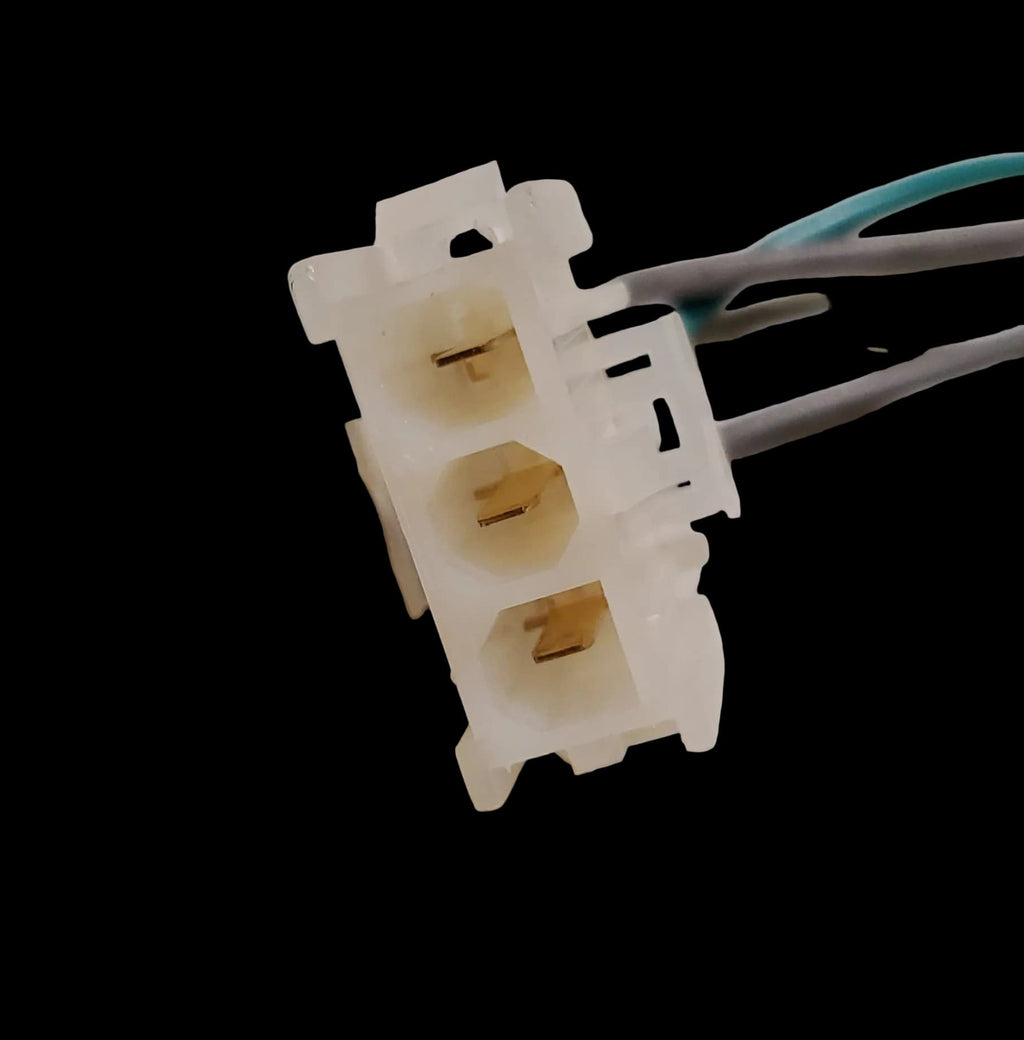 Up close photo of white plastic wire harness connector on an aftermarket substitute for a Whirlpool direct-drive washer 3949247V Lid Switch