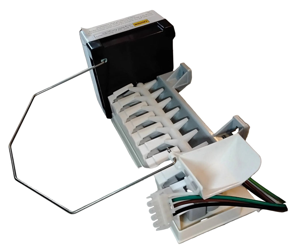 An aftermarket substitute for a Whirlpool W10884390 icemaker assembly viewed from the white plastic fill cup end. The wire bail shut-off arm is attached. A wire harness with connector are visible. The back of the icemaker mechanism housing is black plastic. 