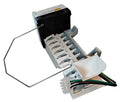 An aftermarket substitute for a Whirlpool W10884390 icemaker assembly viewed from the white plastic fill cup end. The wire bail shut-off arm is attached. A wire harness with connector are visible. The back of the icemaker mechanism housing is black plastic. 