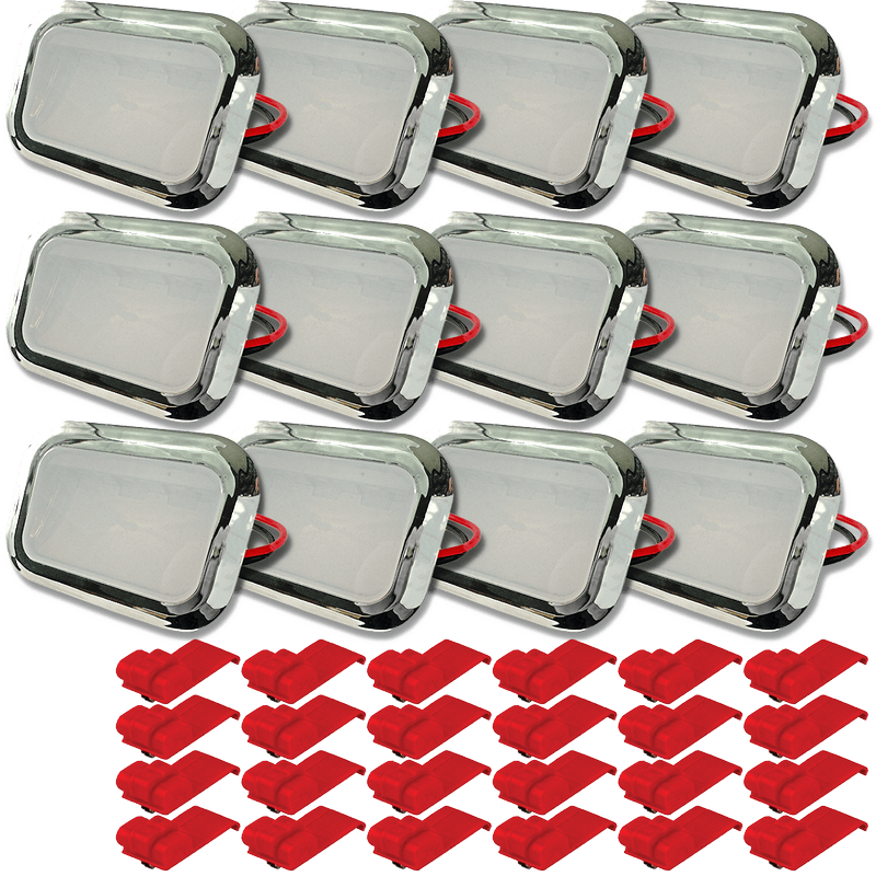 An aftermarket replacement for a Whirlpool W11683242 Chrome LED Kit - Pack of 12. The twelve LED lights are rectangular with rounded corners and red and black wires. The 24 wire connectors are red. 