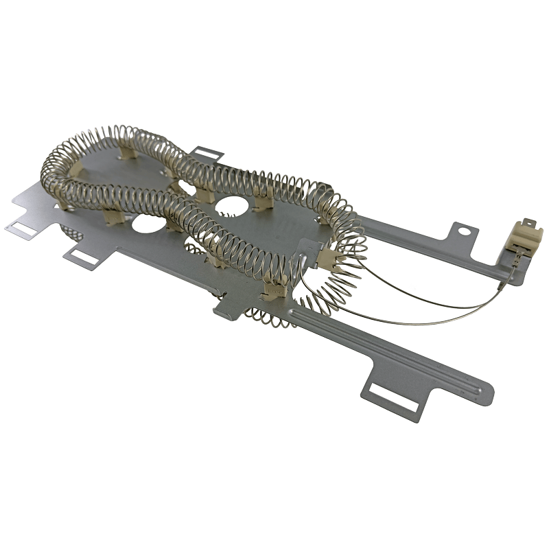 A 45 degree angle view from the side at the bottom of an aftermarket substitute for a WP8544771 Dryer Heating Element. It consists of a flat sheet metal insert, ceramic insulator pins and wire heating coils.