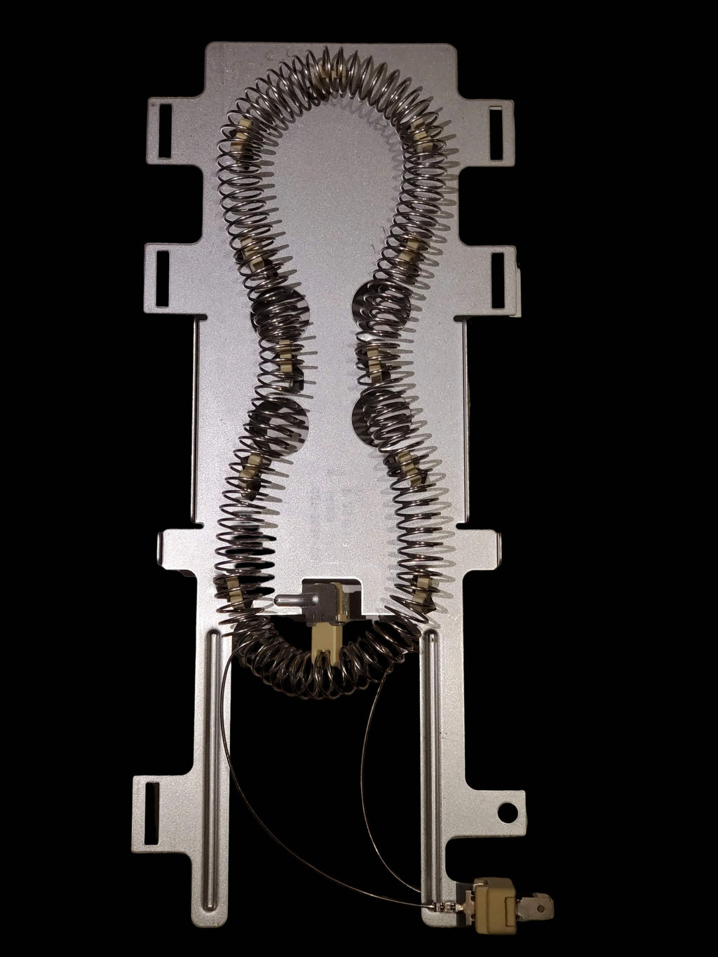 A view of the bottom of an aftermarket substitute for a WP8544771 Whirlpool Dryer Heating Element assembly consisting of heating coil, ceramic insulator blocks, and sheet metal mounting insert. 