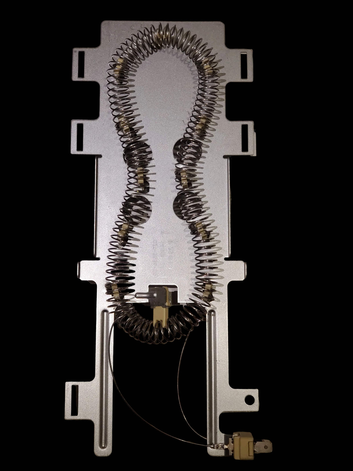 A view of the bottom of an aftermarket substitute for a WP8544771 Whirlpool Dryer Heating Element assembly consisting of heating coil, ceramic insulator blocks, and sheet metal mounting insert. 