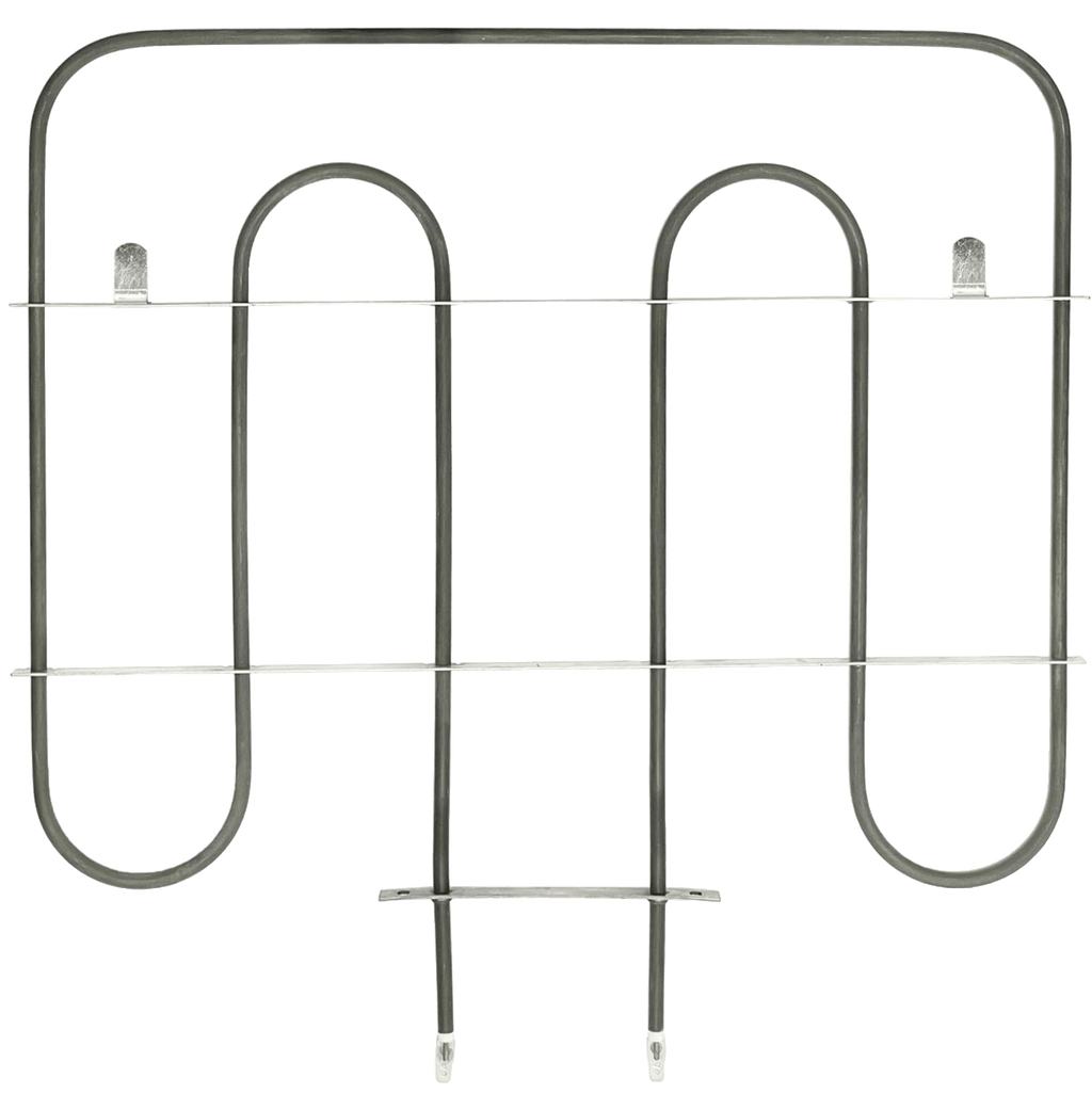 A dark gray metal aftermarket alternative replacement heating element for the Whirlpool WPW10207398 Bake Element with silver-colored calrod support brackets running the width of the part, and small shiny steel 1/4" spade terminal tips, isolated on a white background.