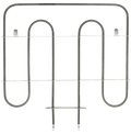 A dark gray metal aftermarket alternative replacement heating element for the Whirlpool WPW10207398 Bake Element with silver-colored calrod support brackets running the width of the part, and small shiny steel 1/4" spade terminal tips, isolated on a white background.