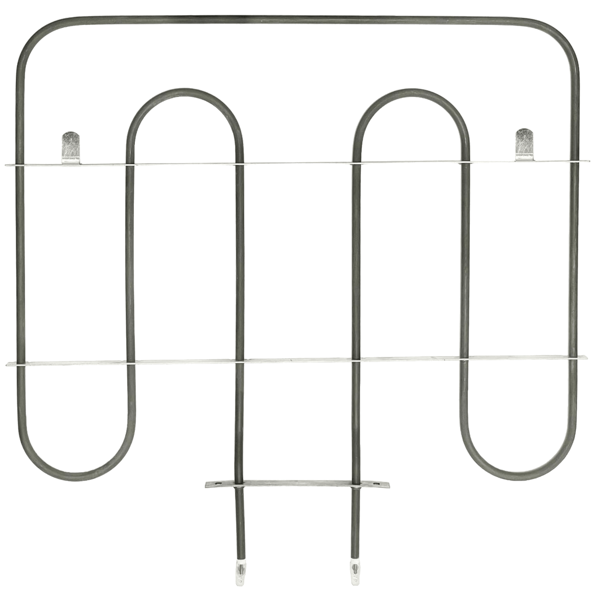 A dark gray metal aftermarket alternative replacement heating element for the Whirlpool WPW10207398 Bake Element with silver-colored calrod support brackets running the width of the part, and small shiny steel 1/4" spade terminal tips, isolated on a white background.